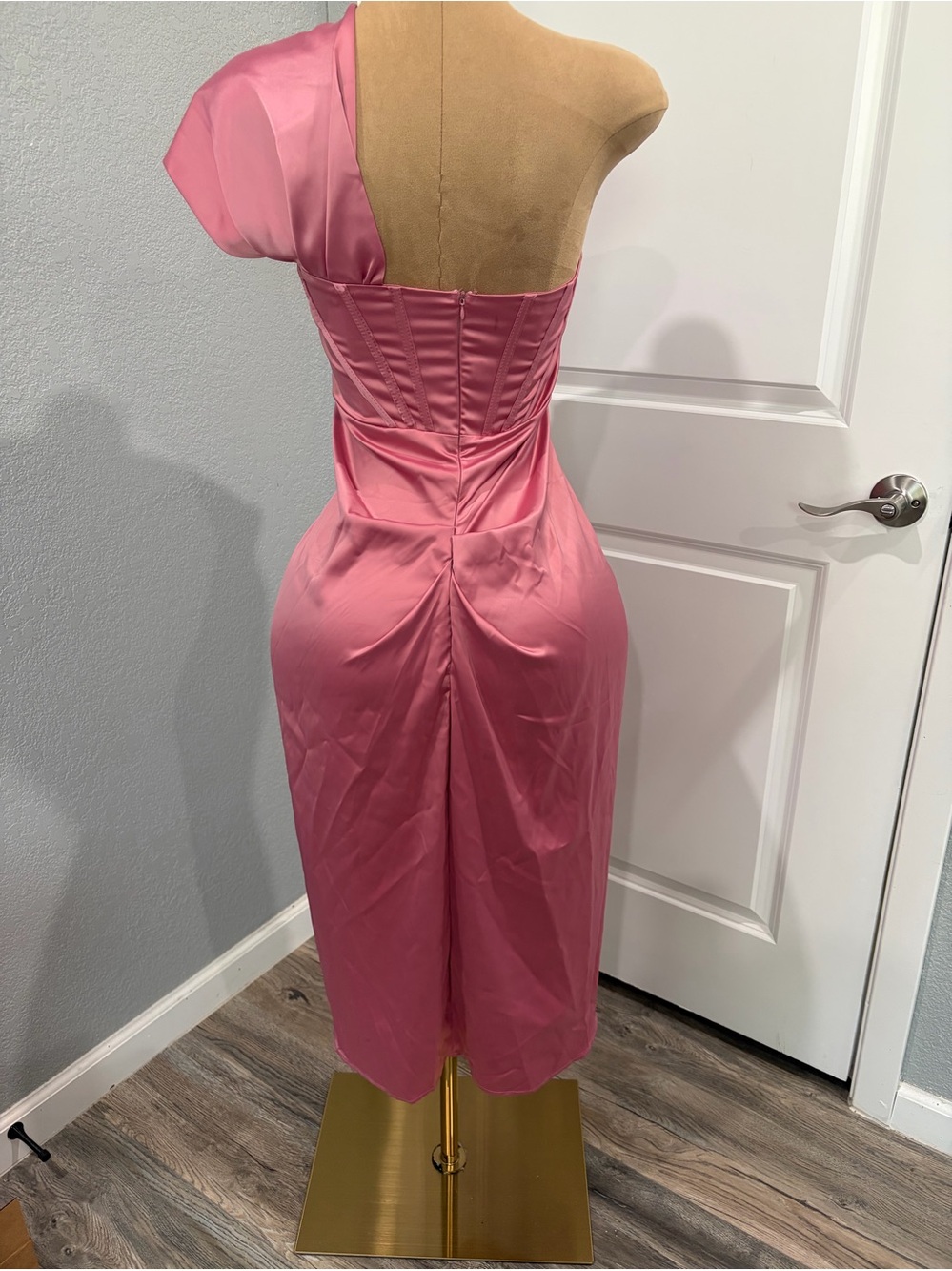 One-Shoulder Rose Pink Cocktail Dress with Draped Skirt - Picture 9 of 15